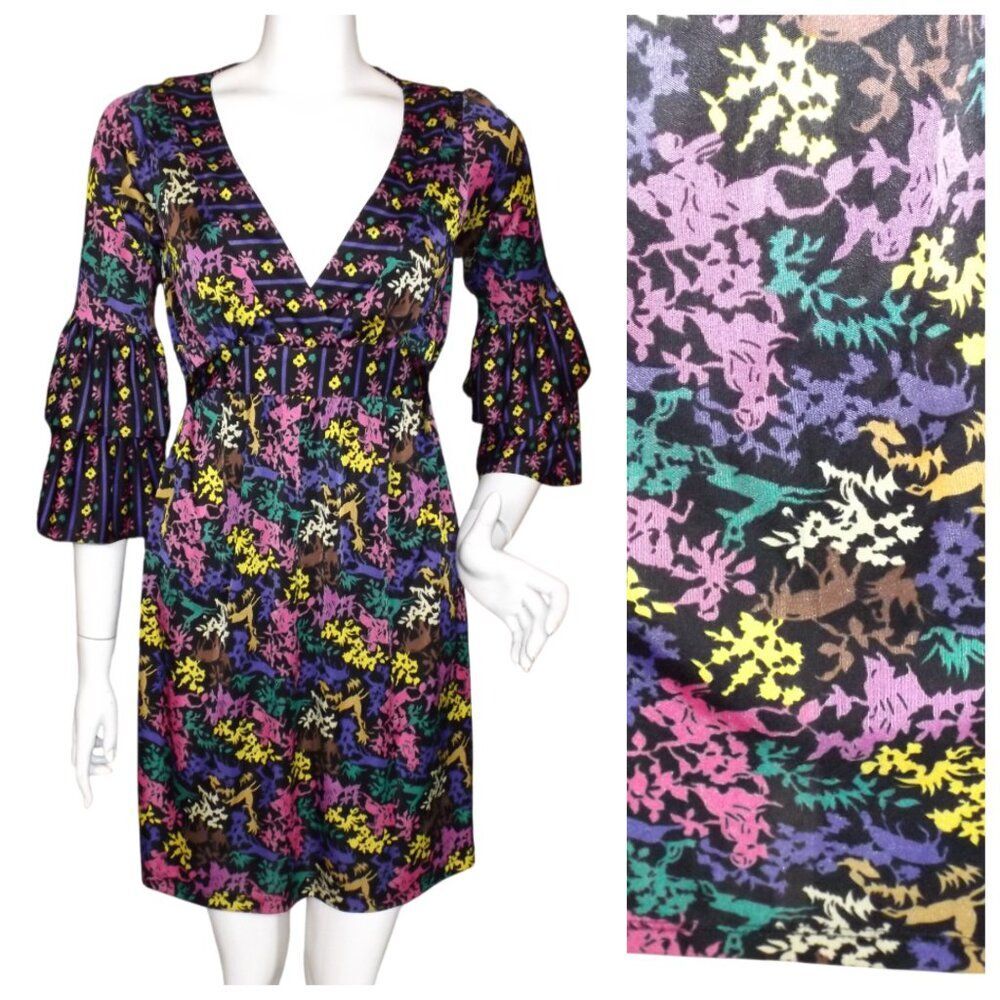 BETSEY JOHNSON Mini Dress, 6, Deer, Black/Multicolor, ruffled sleeve, Sash/Belt